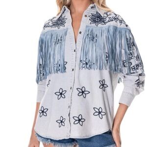 Galita Denim Western Floral Embroidered Fringe Tassel Button Down